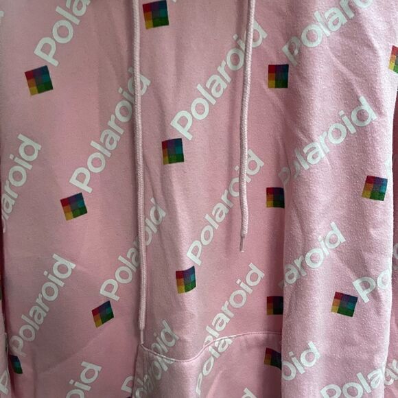 POLAROID ALLOVER LOGO PRINT HOODED SWEATSHIRT HOODIE PINK LARGE - Picture 7 of 8